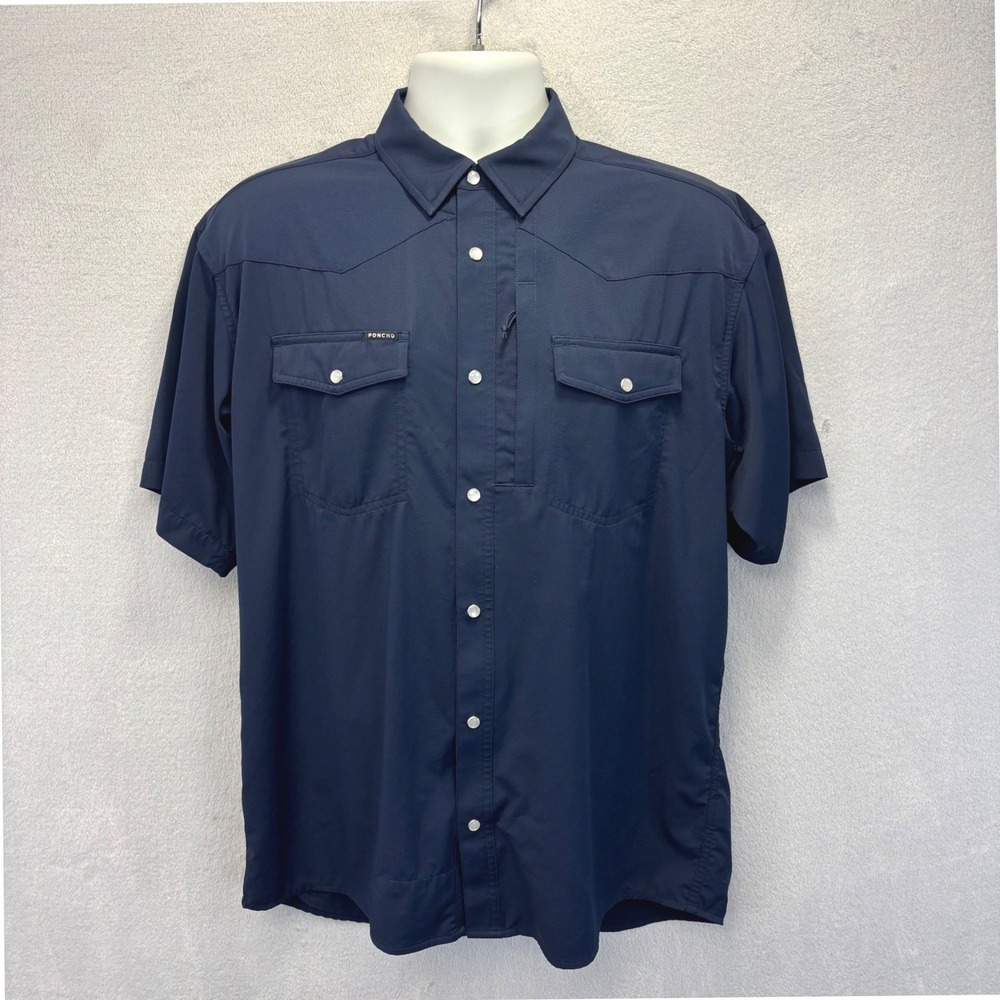 Poncho Del Mar Pearl Snap Western Shirt Mens Medium M Navy Blue Short Sleeve